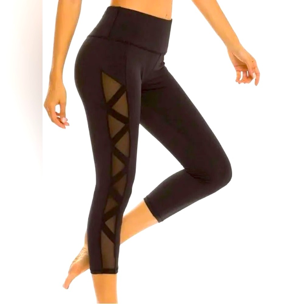 Romansong M Black Mesh Inset Leggings Side Lace Tights Yoga Pants w/ Pockets EUC